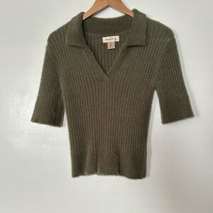 Bailey 44 Women’s Faux Fur Collared Ribbed Polo Sweater Top Size Medium Preppy